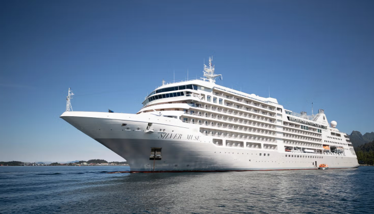 Navio de cruzeiro, casco branco, em água azul com céu limpo ao fundo.
