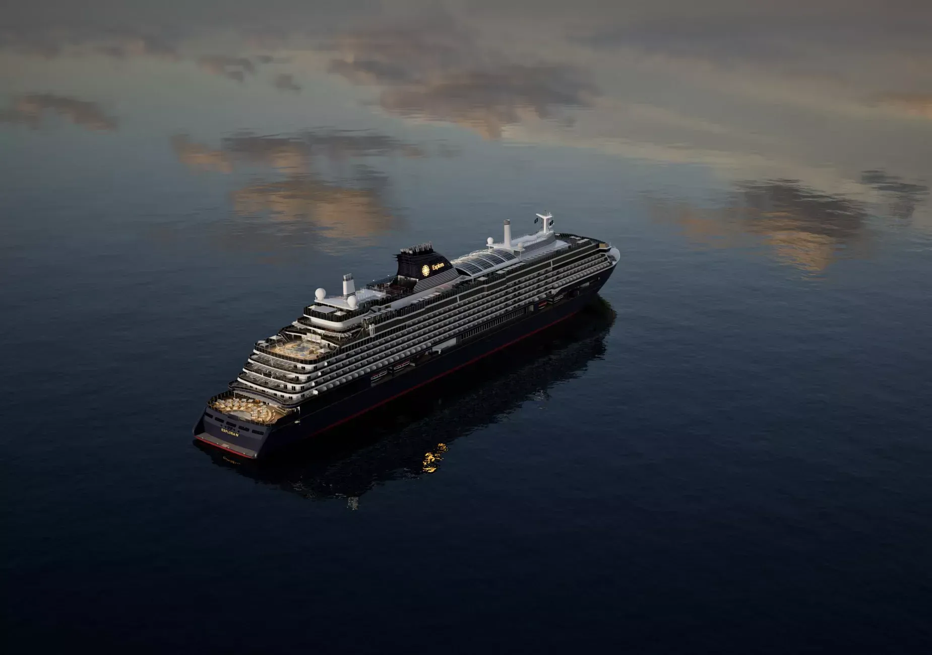 Navio de cruzeiro em águas calmas, refletindo um céu crepuscular.