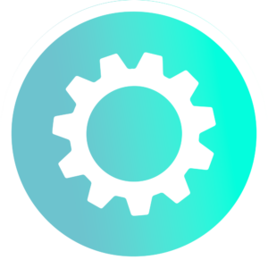 A white gear in a blue circle on a white background.