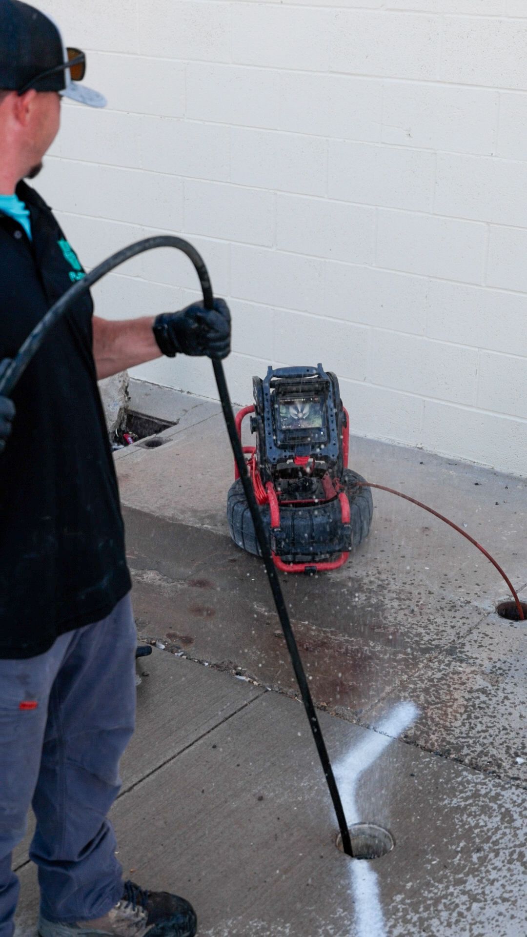 A row of black pipes are being installed in a trench.