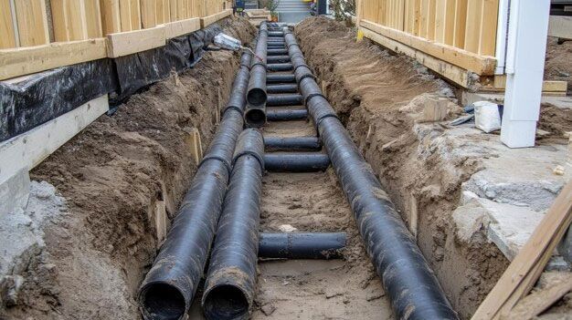A row of black pipes are being installed in a trench.