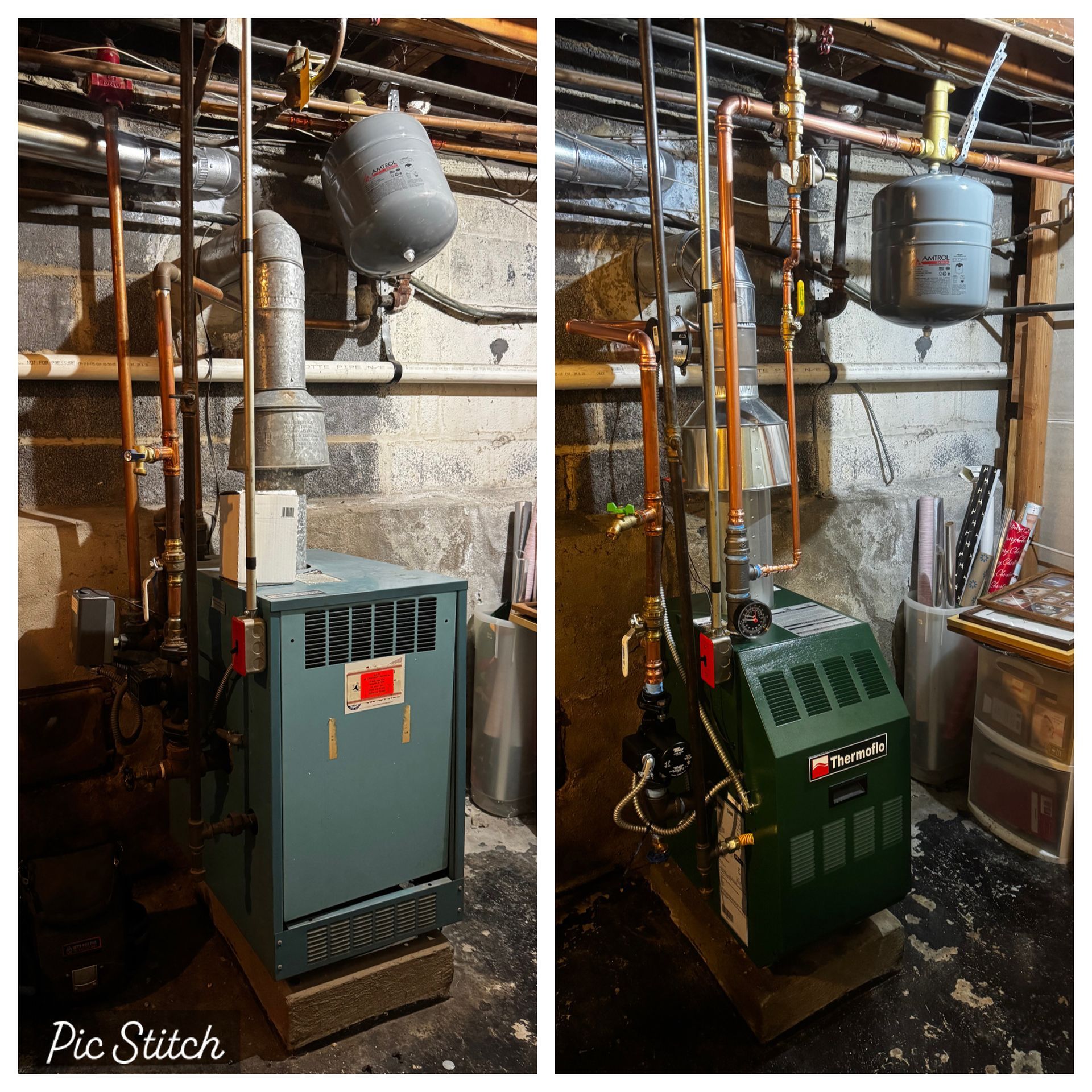 A green boiler is sitting in a basement next to copper pipes.