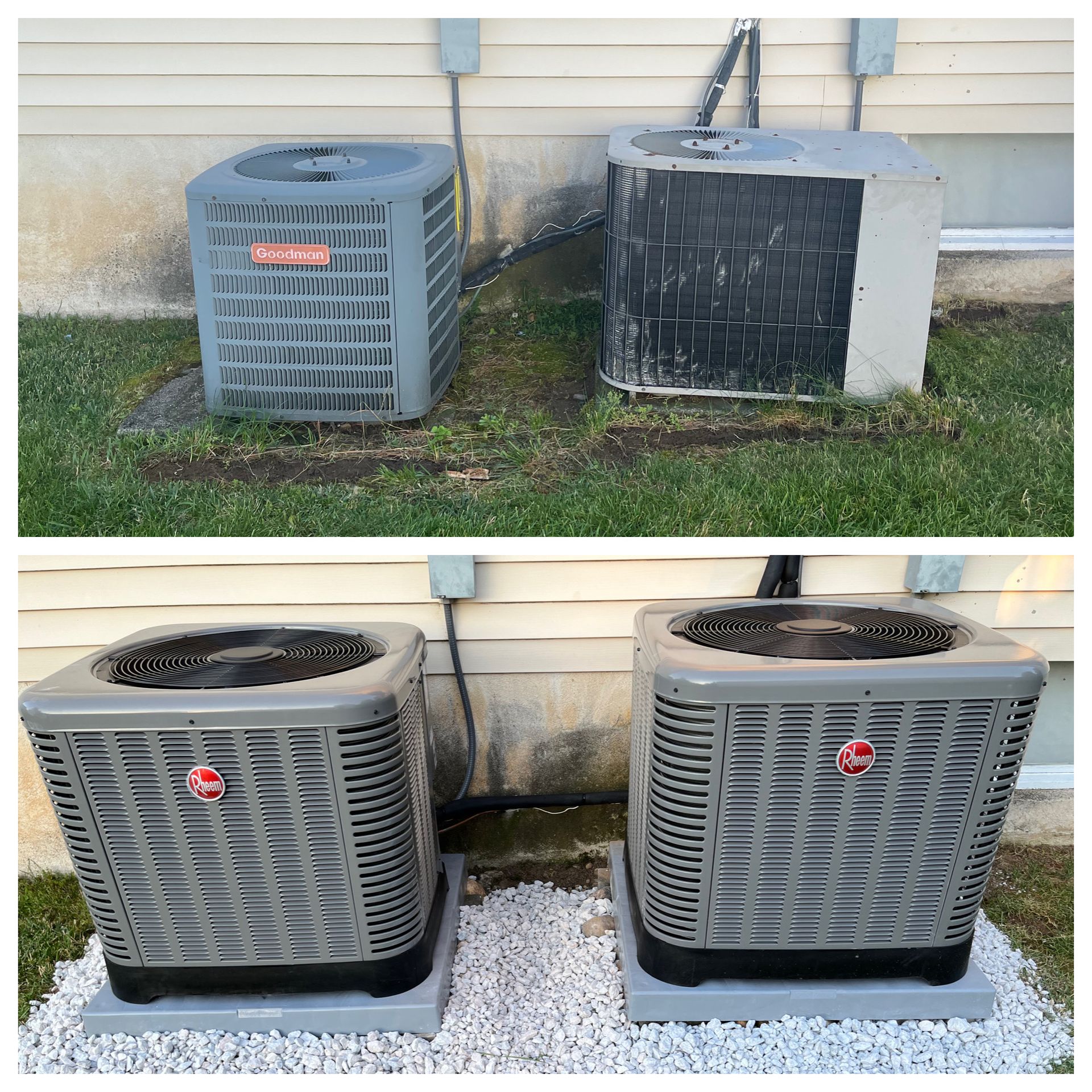 Two air conditioners are sitting next to each other in front of a house.