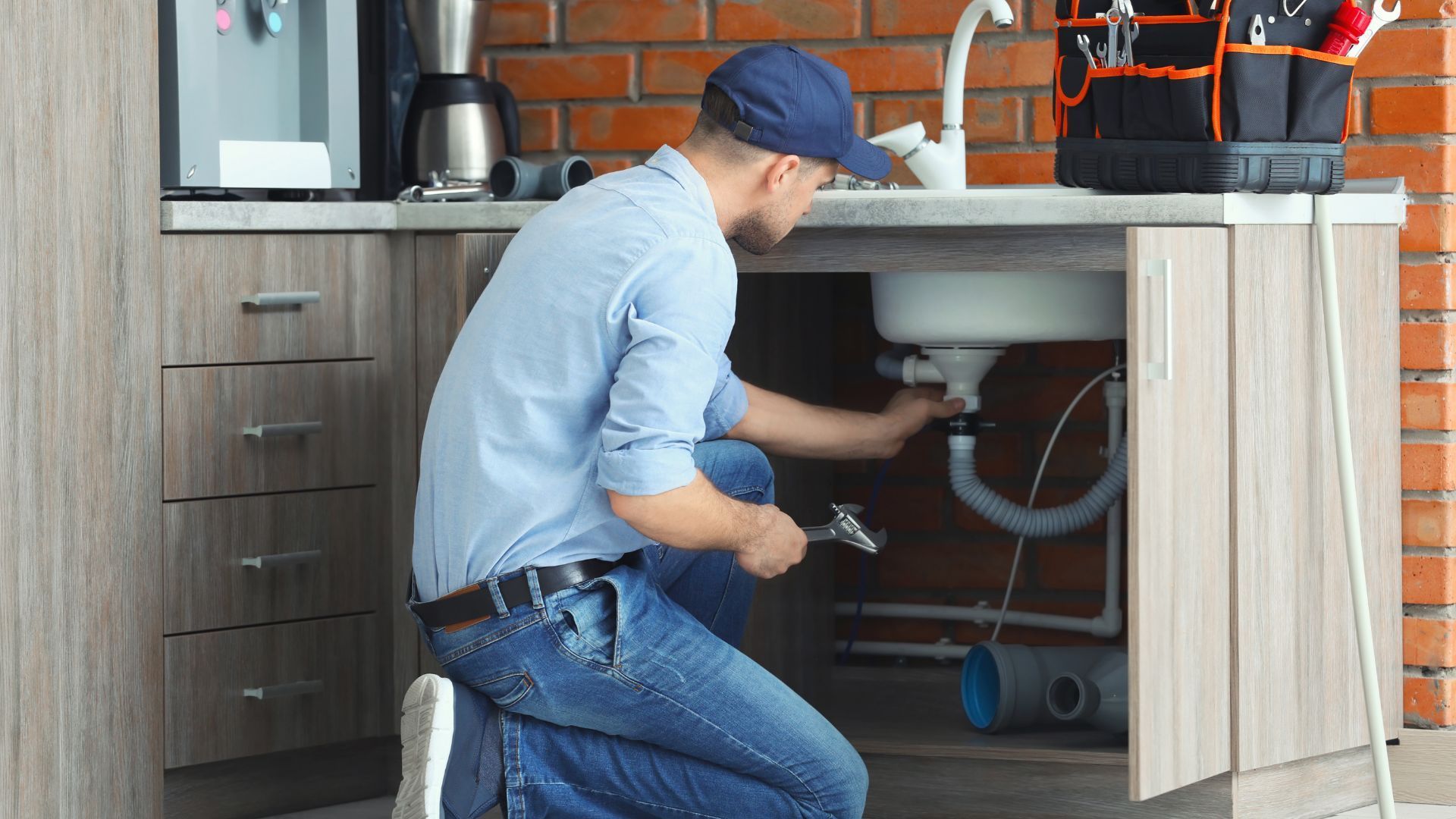 A plumber is fixing a sink in a kitchen.