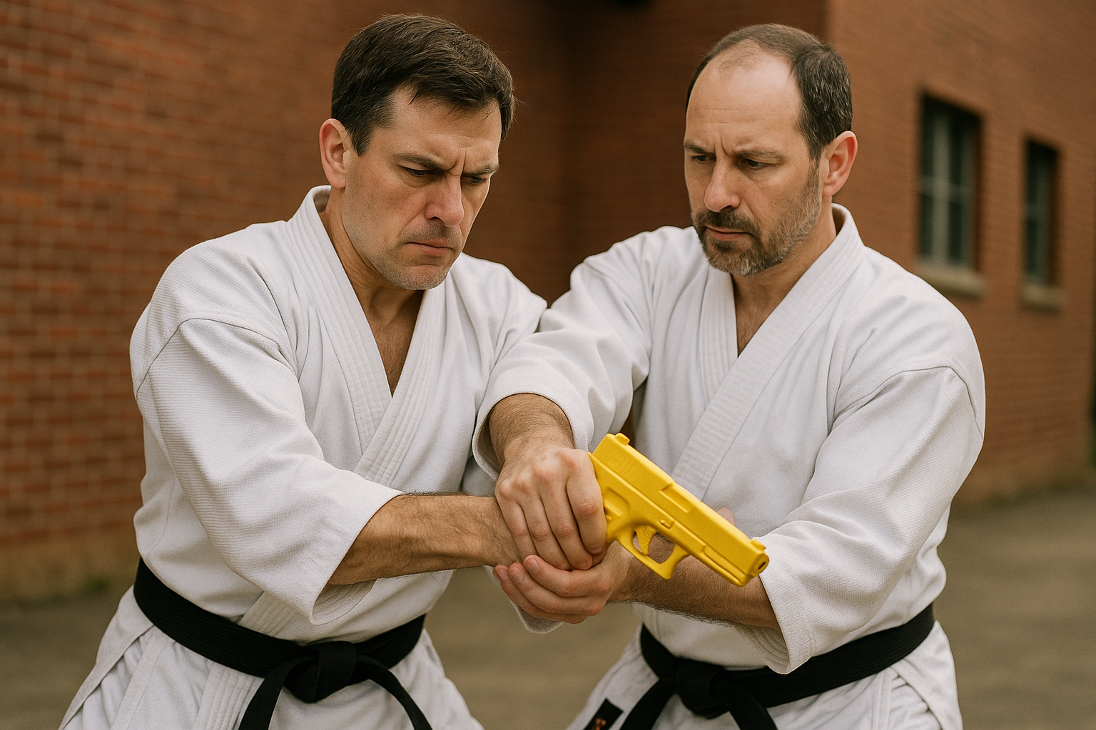 A man is holding another man 's hand while holding a yellow object.