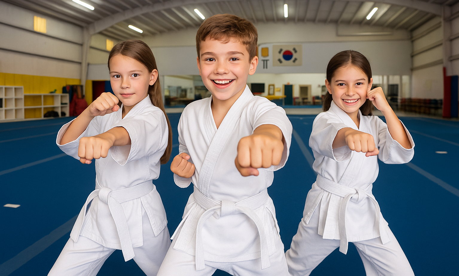 A boy and two girls are practicing karate in Cape Fear Martial Arts at Wilmington.