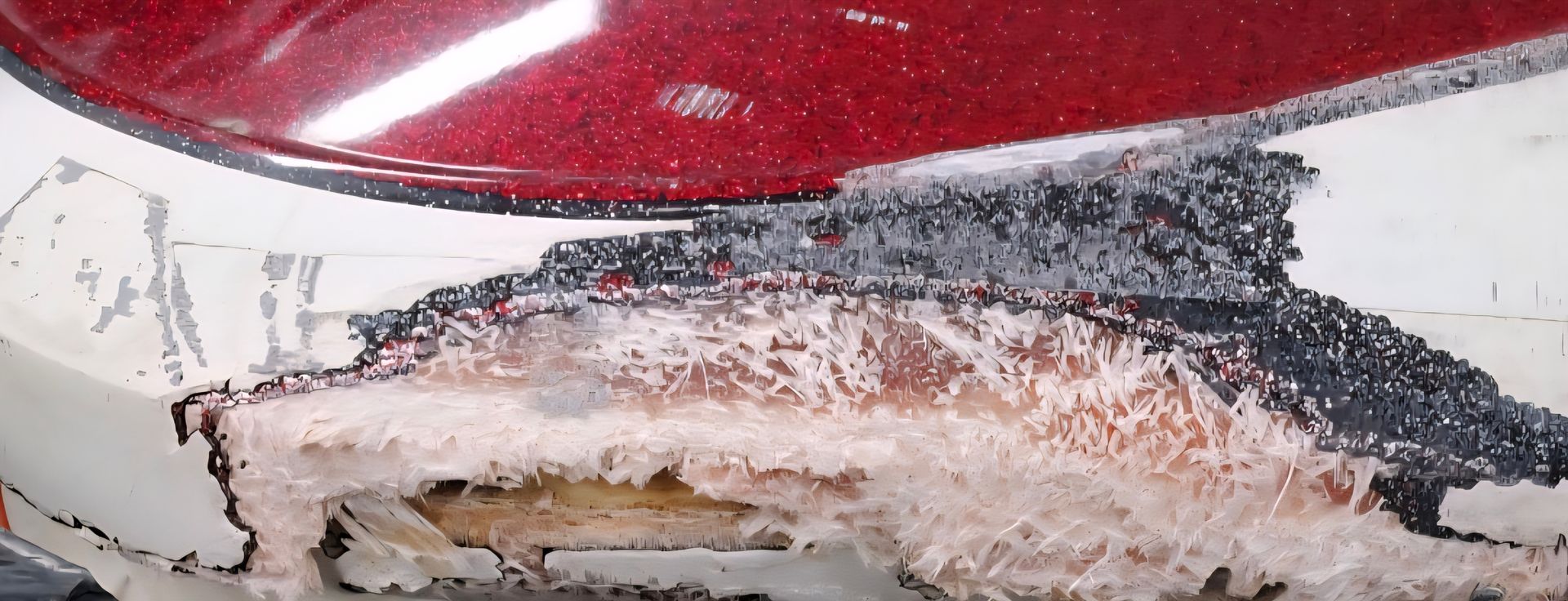 Damaged car bumper with exposed inner layers and red paint.