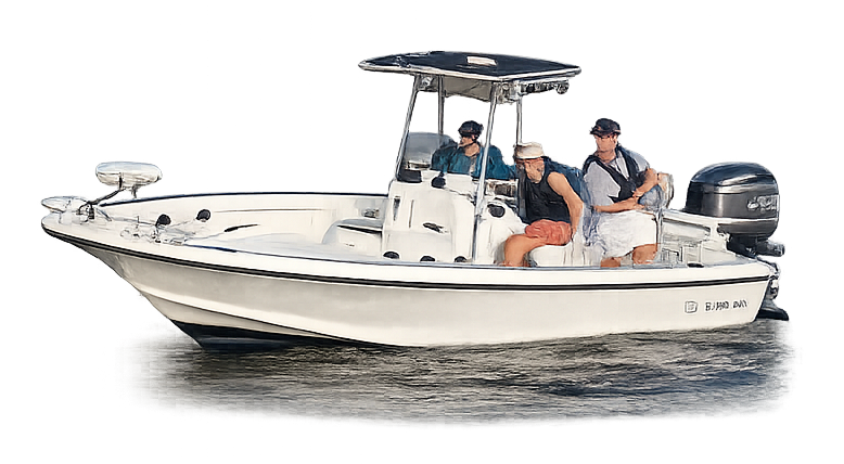 White motorboat with three people onboard on a body of water.