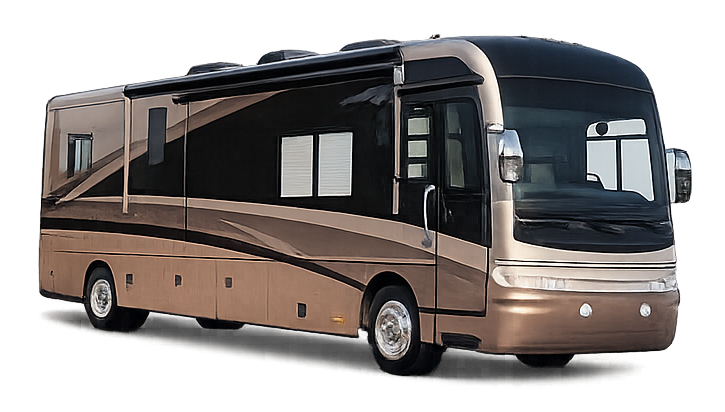 Luxury RV in black, brown, and tan tones, parked outdoors.