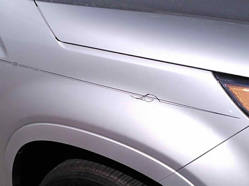 A close up of a silver car 's hood and fender