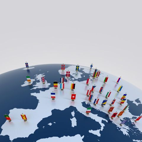 flags on globe graphic