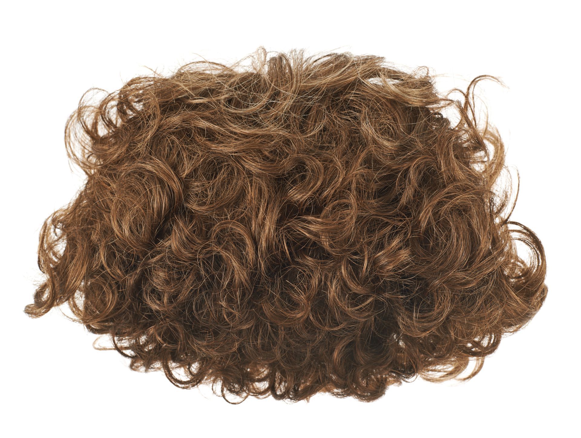 A close up of a brown curly wig on a white background.