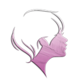 A purple silhouette of a woman 's head with short hair.
