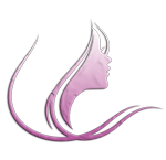 A purple silhouette of a woman 's face with long hair.