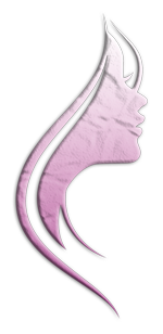 A drawing of a woman 's face with purple hair.