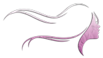 A drawing of a woman 's face with long pink hair.