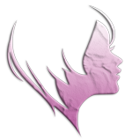 A purple icon of a woman 's face with short hair.