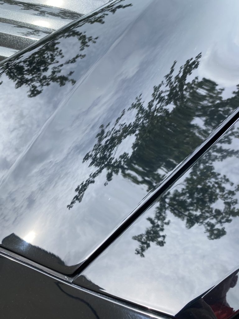 A close up of a car hood with trees reflected in it