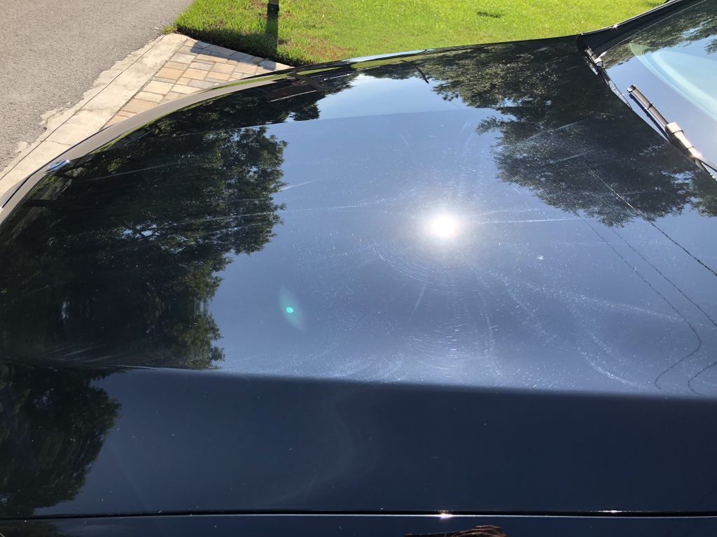 The sun is reflected in the hood of a black car.