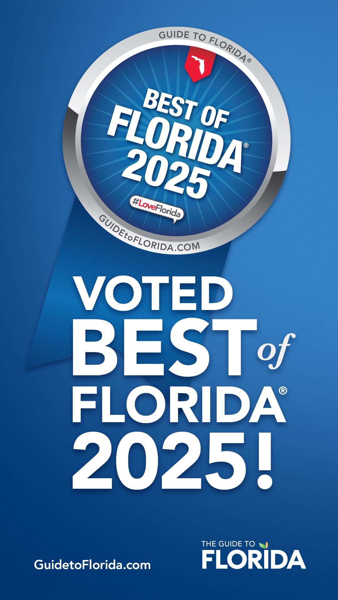 A blue badge and text announcing "Voted Best of Florida 2025," with a link to GuidetoFlorida.com at the bottom.