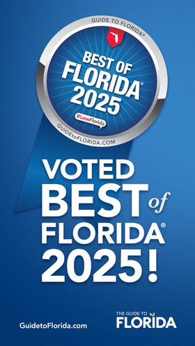 A blue badge and text announcing "Voted Best of Florida 2025," with a link to GuidetoFlorida.com at the bottom.