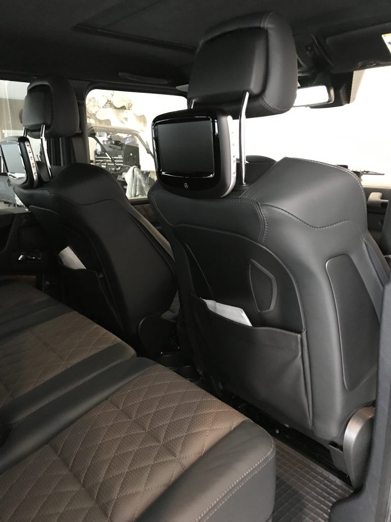 The back seat of a car with a headrest monitor