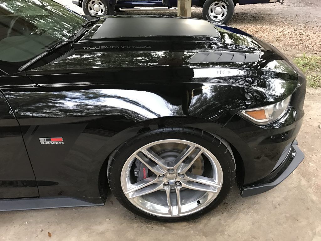 A black ford mustang is parked on a dirt road.