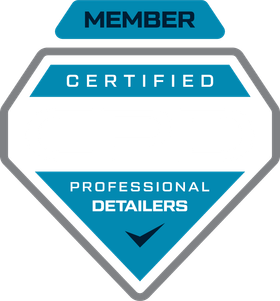 A badge shaped like a gem, featuring the text "MEMBER," "CERTIFIED," and "PROFESSIONAL DETAILERS" in blue and gray.
