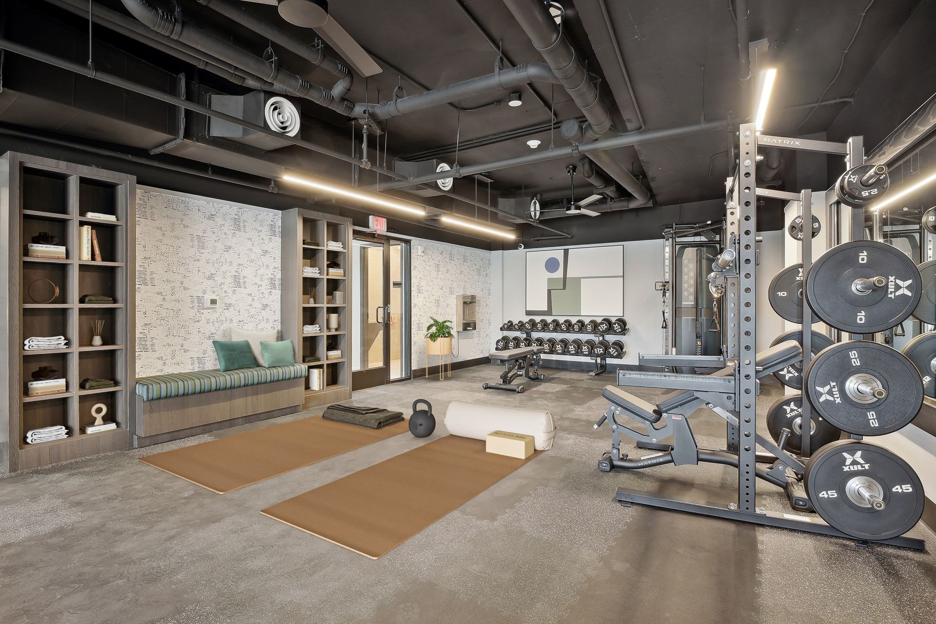 413 Summit gym with a bench and a yoga mat