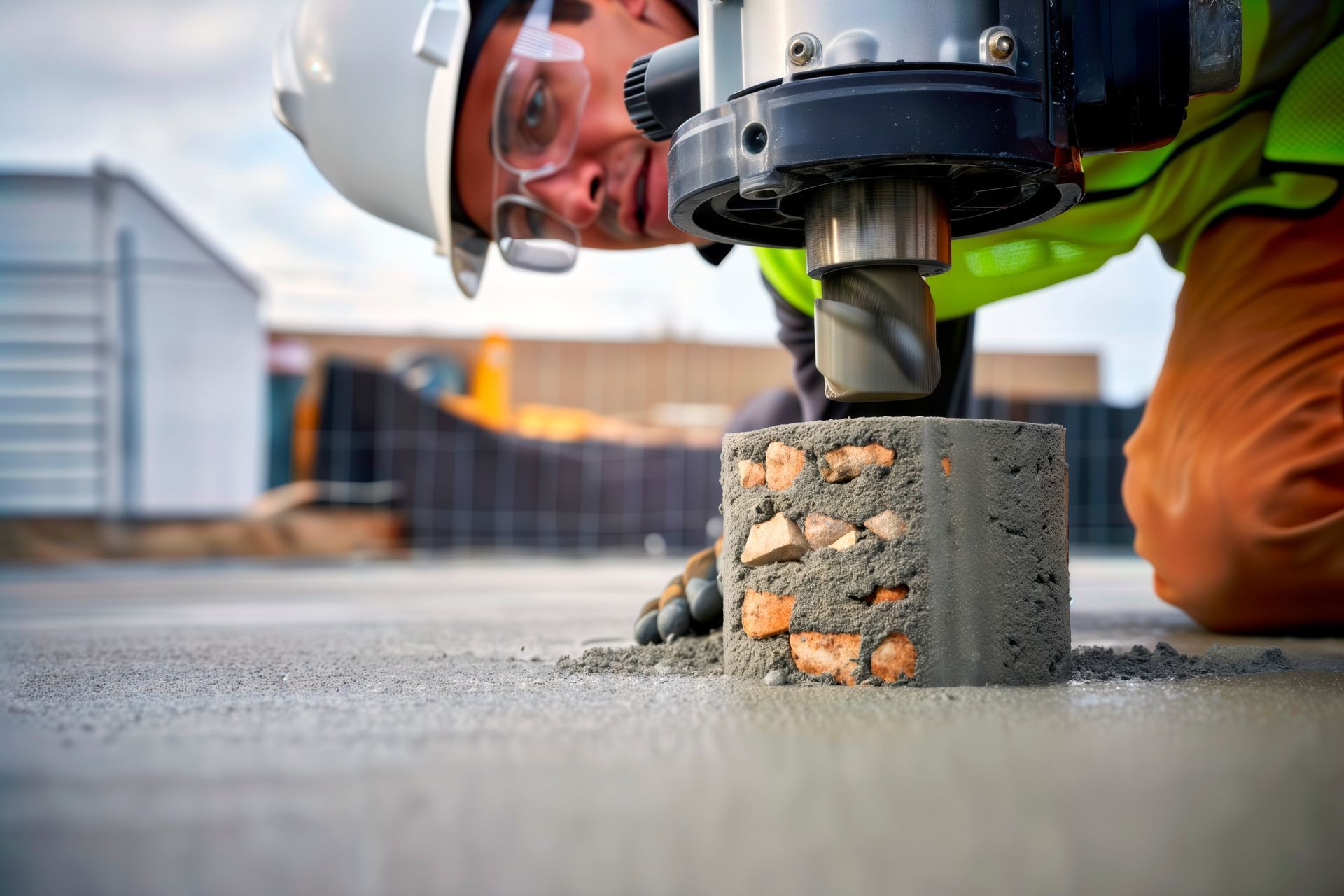 Construction worker performing concrete core drilling for industrial quality testing.