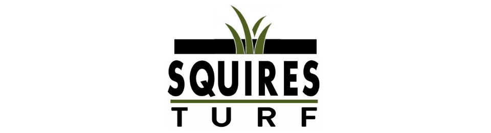 Logo for Squires Turf, featuring the word "SQUIRES" above "TURF" with a graphic of green grass blades in a black bar.