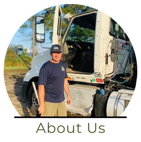 A person standing in front of a white semi-truck with an open door, set below the heading 