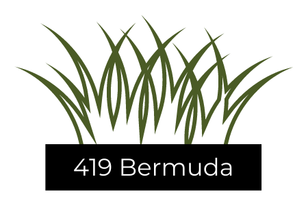Stylized green grass blades over a black rectangle with the white text