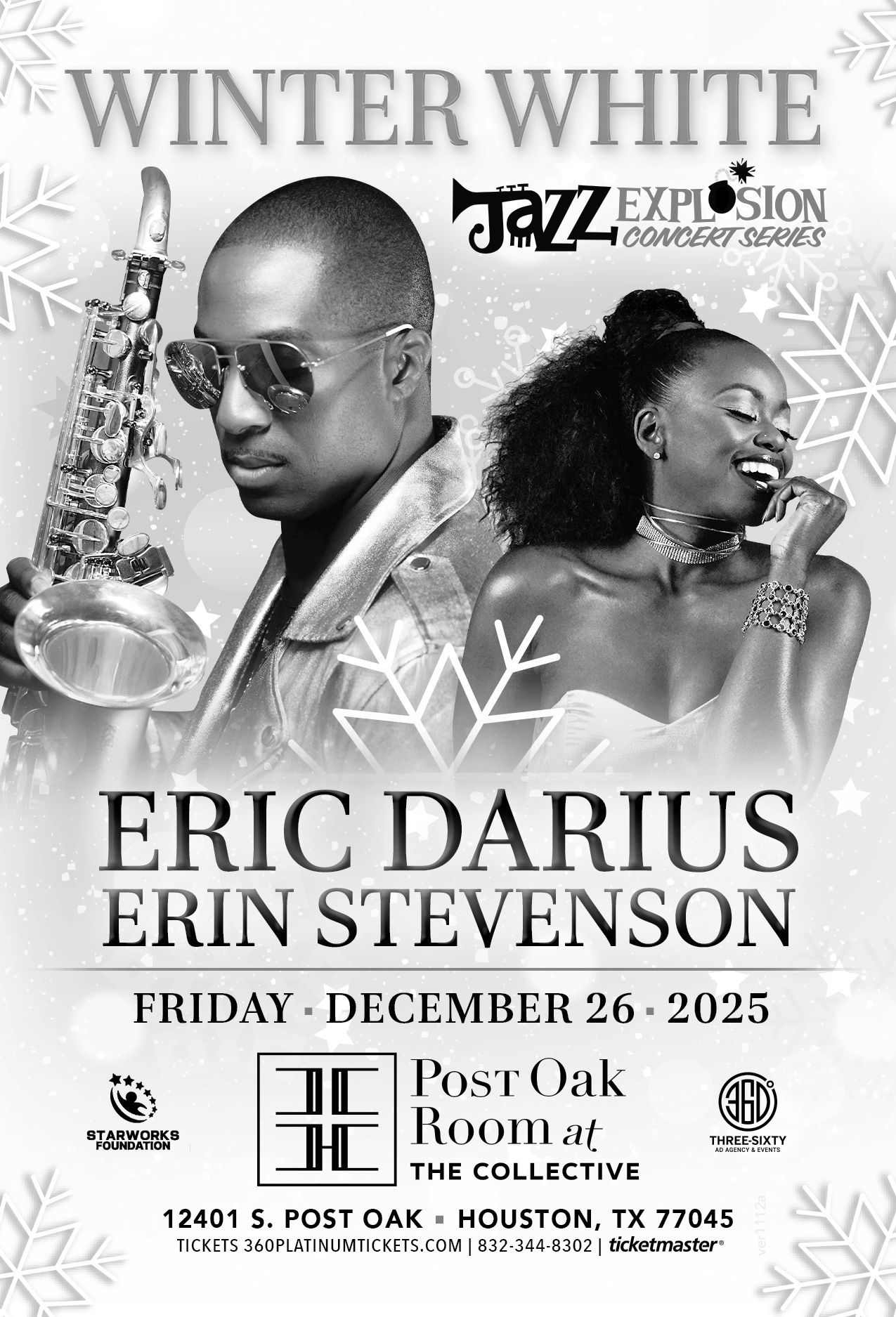 Jazz concert poster featuring Eric Darius and Erin Stevenson, December 26, 2025 at Post Oak Room in Houston.