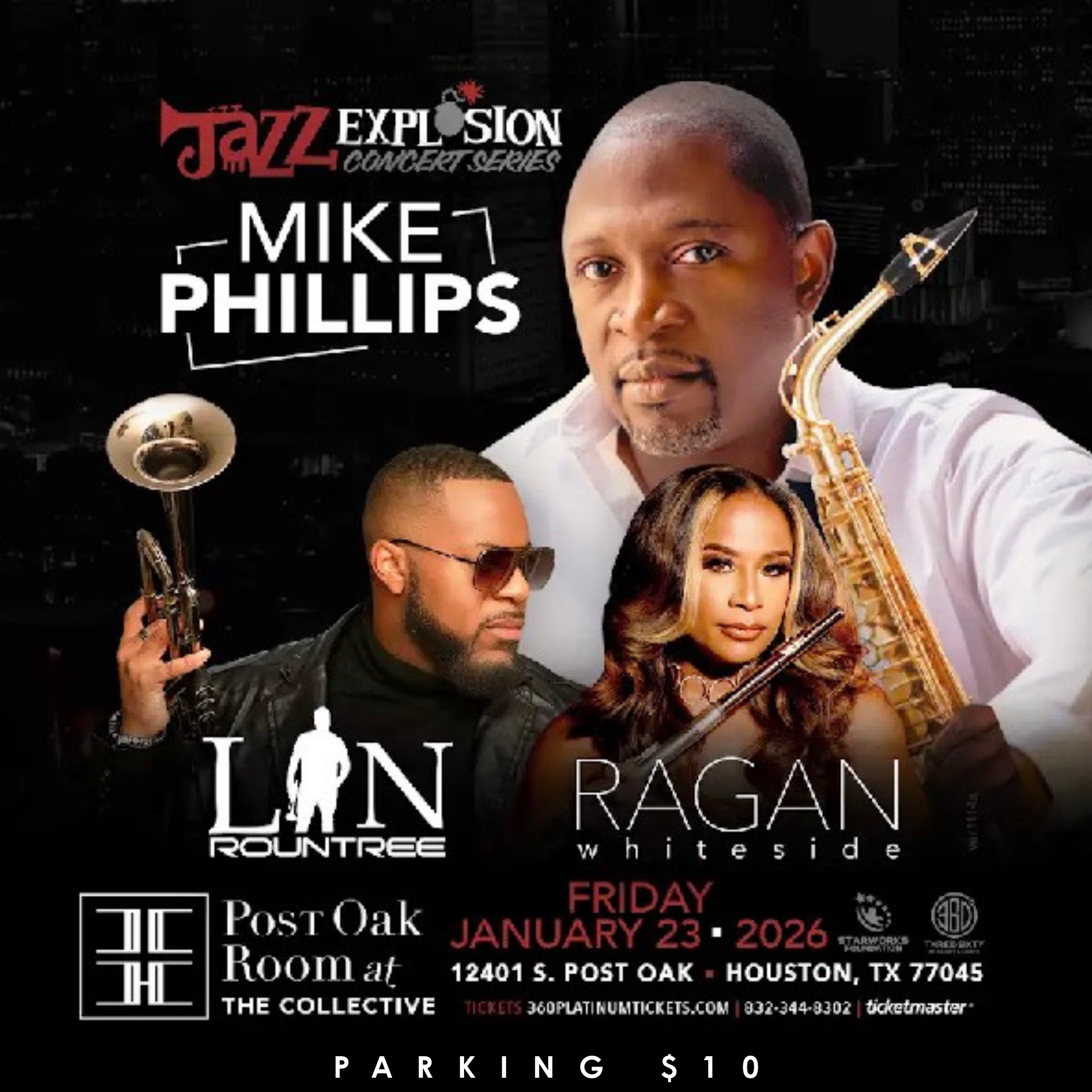 Concert poster: Mike Phillips, Lon Rountree, and Ragan Whiteside at Post Oak Room in Houston on January 23, 2026.