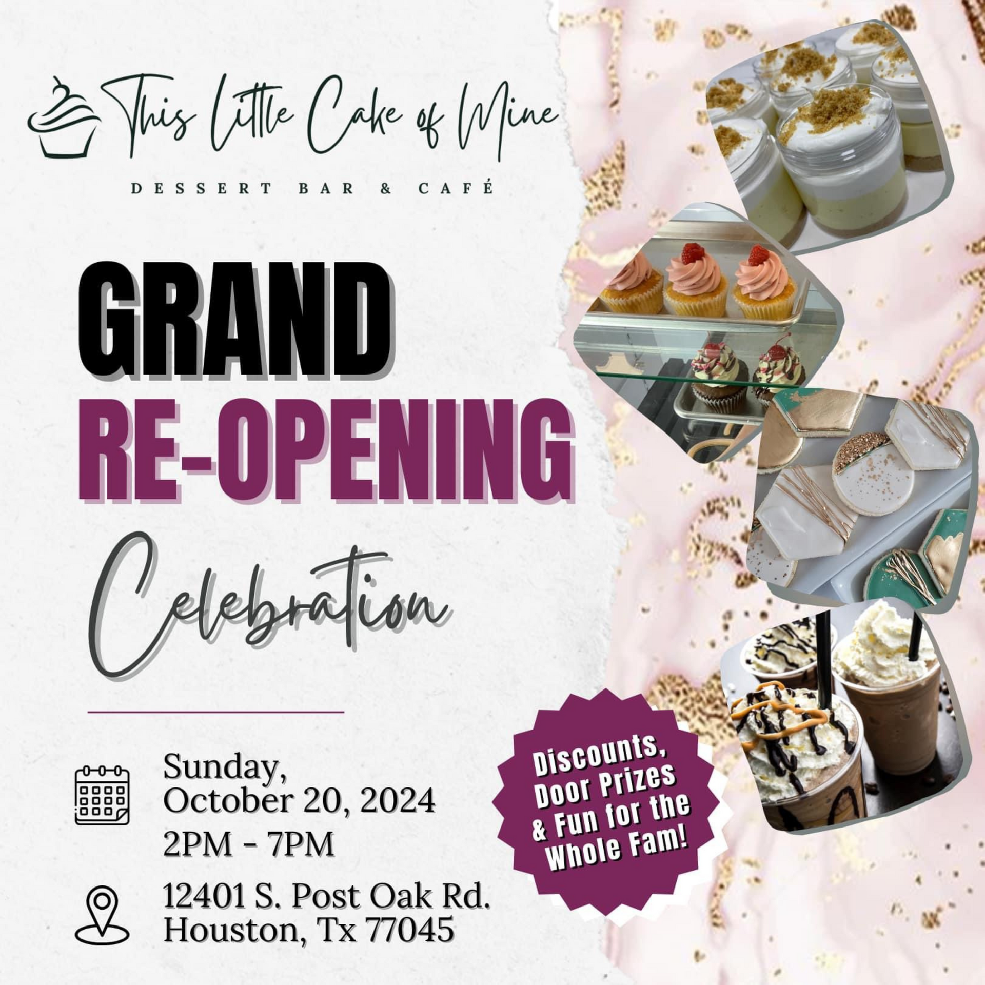 A poster for a grand reopening celebration of a dessert bar and cafe.