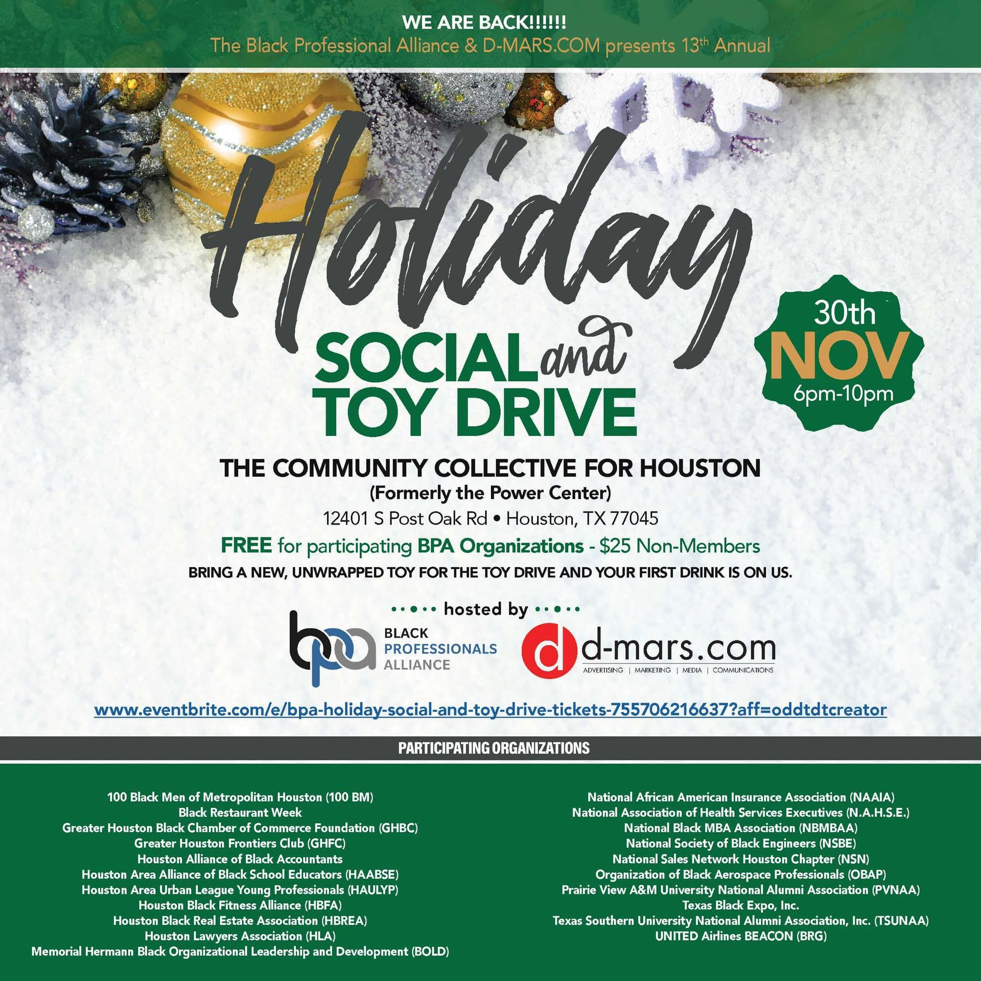 A poster for a holiday social and toy drive