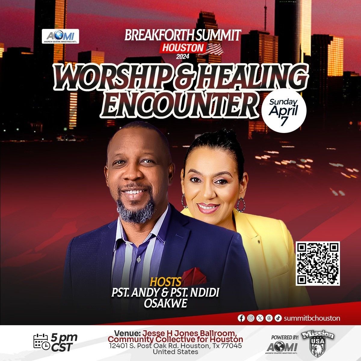 A man and a woman are standing next to each other on a poster for a worship and healing encounter.