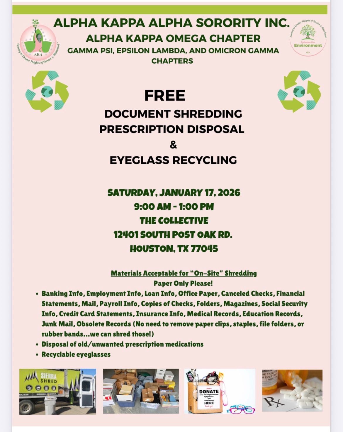 Flyer: Alpha Kappa Alpha Sorority event, free document shredding, prescription disposal & eyeglass recycling in Houston, TX on January 17, 2006.
