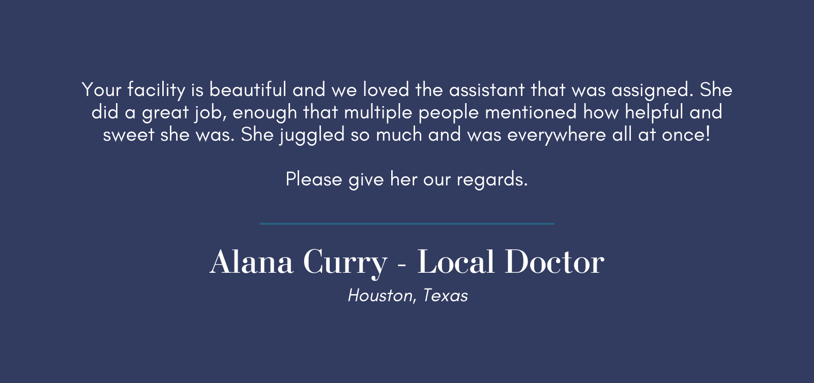 A blue background with Alana Curry's review on it
