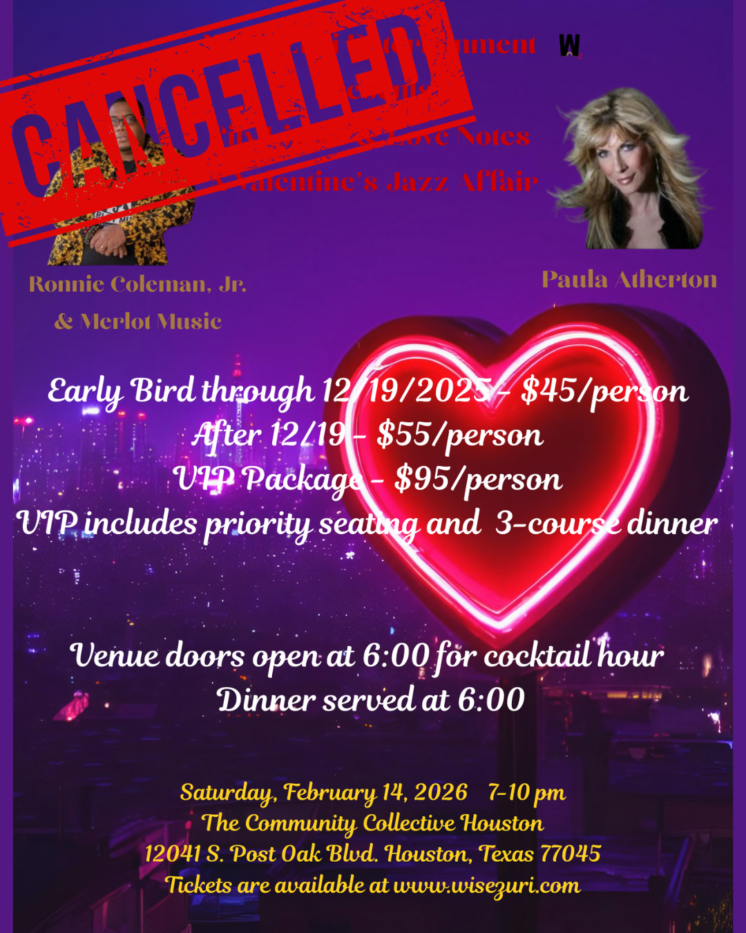 Event poster: Ronnie Coleman Jr & Paula Atherton perform on Valentine's Day in Houston. Early bird tickets available.