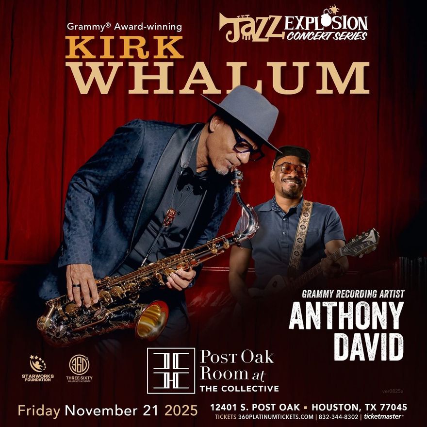 Poster: Kirk Whalum and Anthony David concert at Post Oak Room in Houston, November 21, 2025.