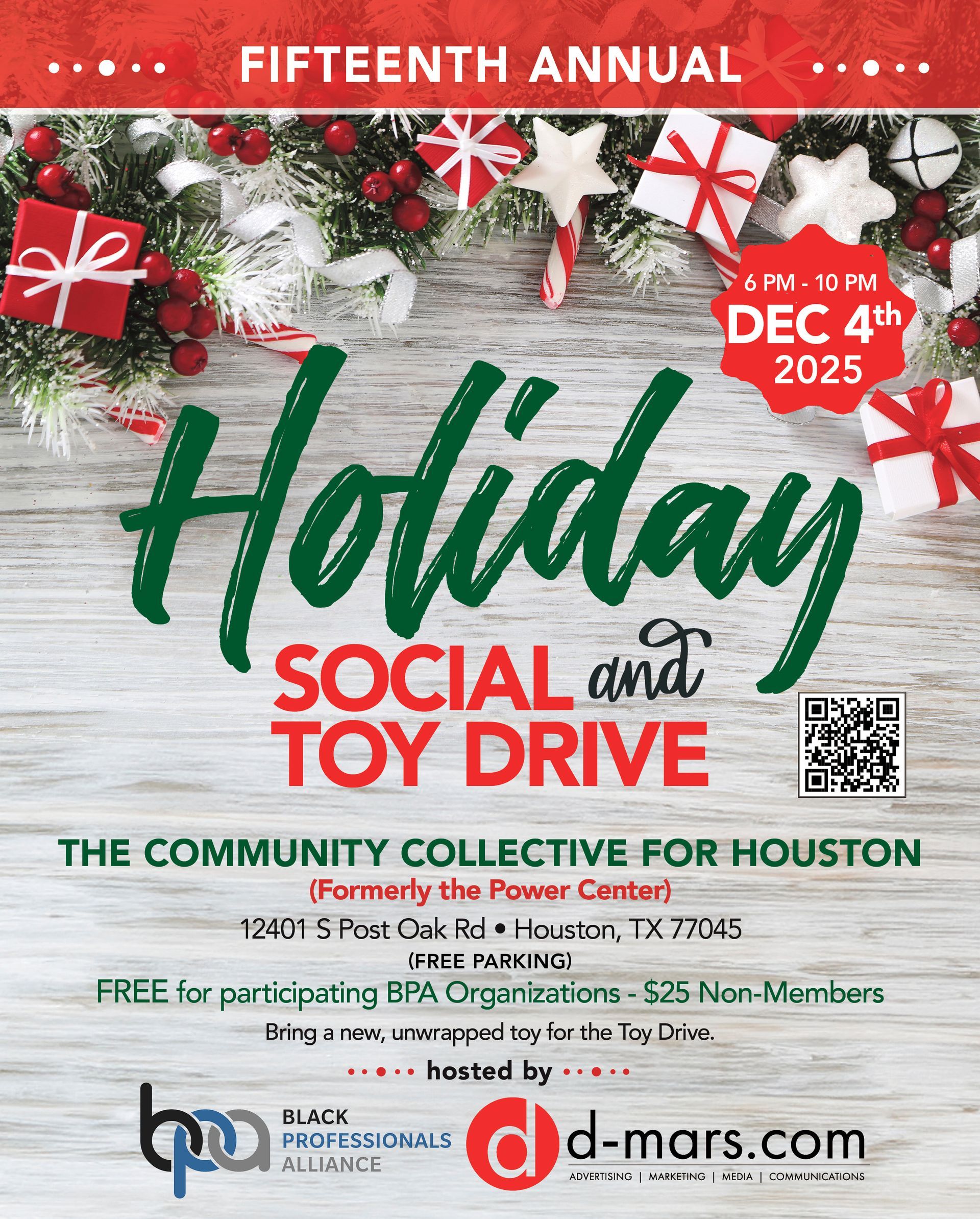 Holiday Social and Toy Drive flyer. The Community Collective for Houston. December 4th, 2025.