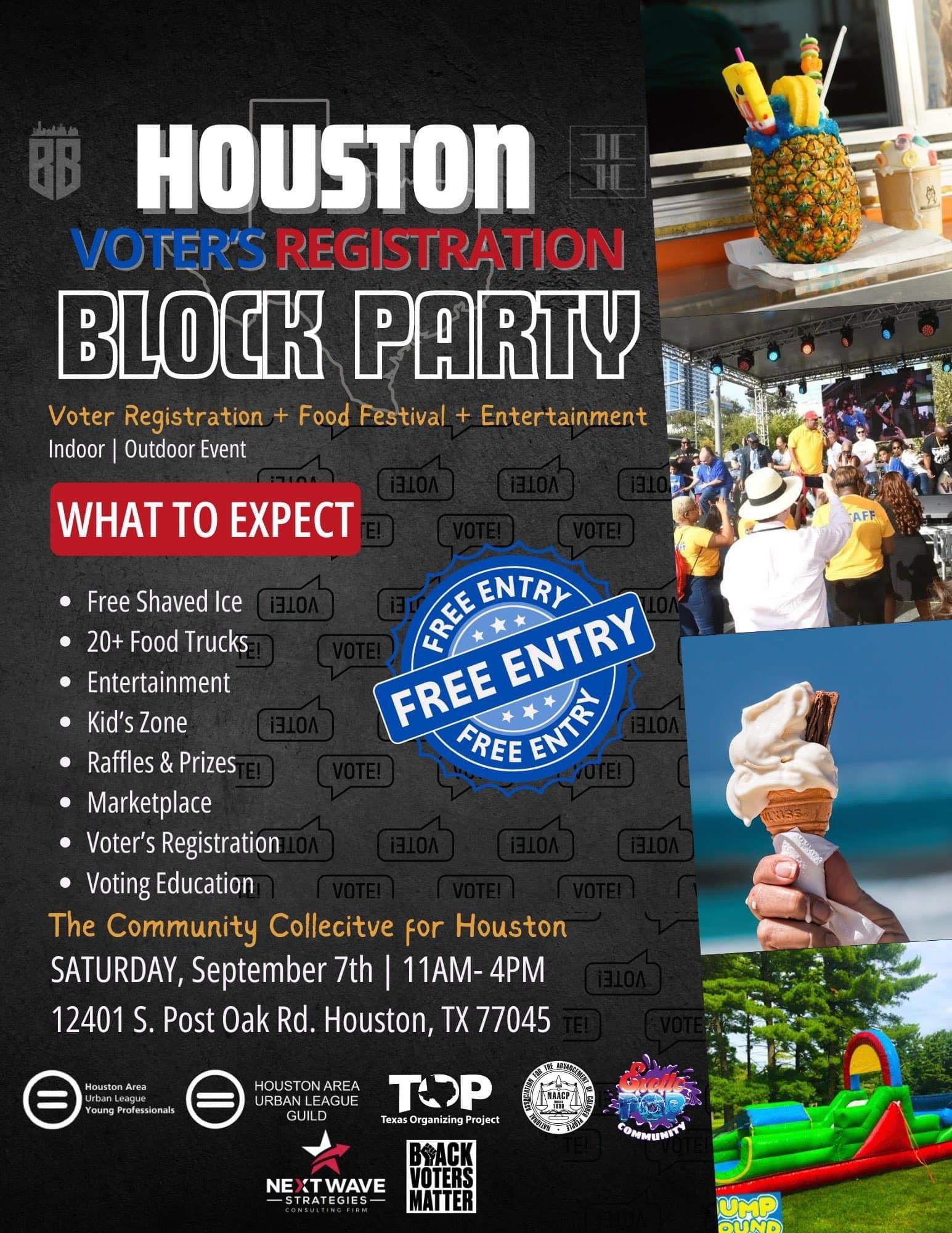 A poster for a houston voter 's registration block party