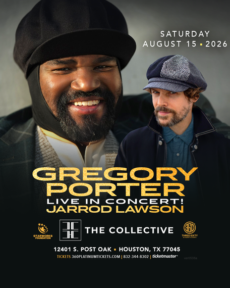 Concert poster for Gregory Porter and Jarrod Lawson, Saturday August 15, 2026, at The Collective, Houston