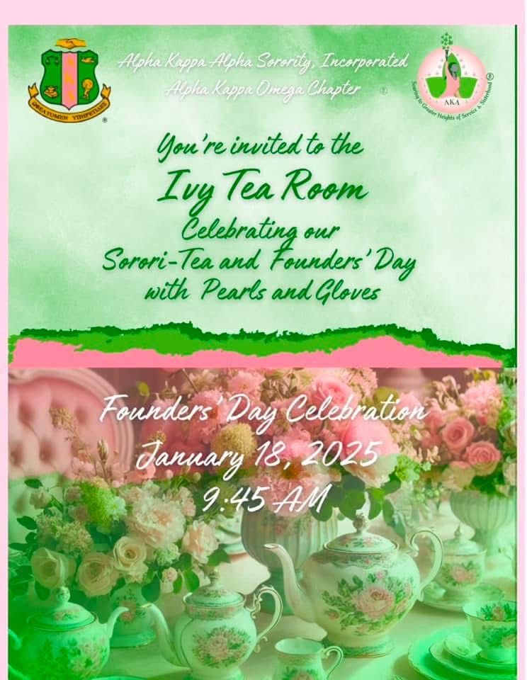 An invitation to the ivy tea room celebrating our founders ' day with pearls and gloves