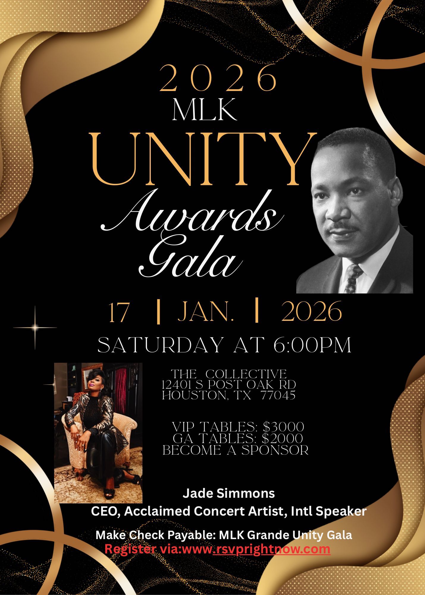Flyer for the 2026 MLK Unity Awards Gala. Features Martin Luther King Jr., event details, and Jade Simmon as a speaker.