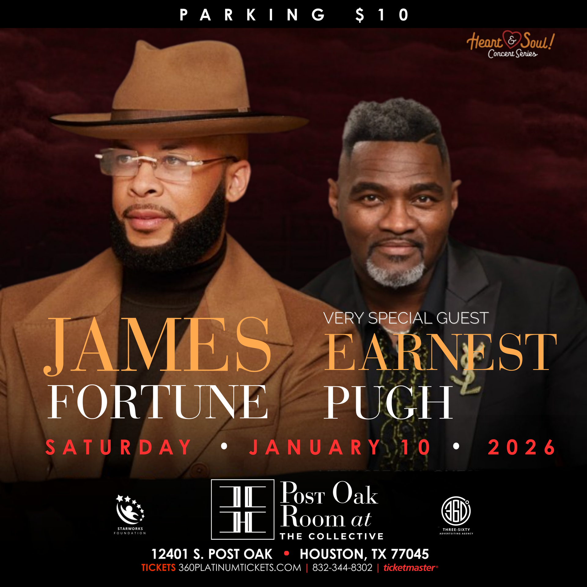 Concert flyer: James Fortune & Earnest Pugh at Post Oak Room in Houston on Jan 10, 2026.
