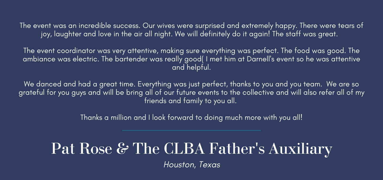 A blue background with Pat Rose & the CLBA Father's Auxiliary's review on it