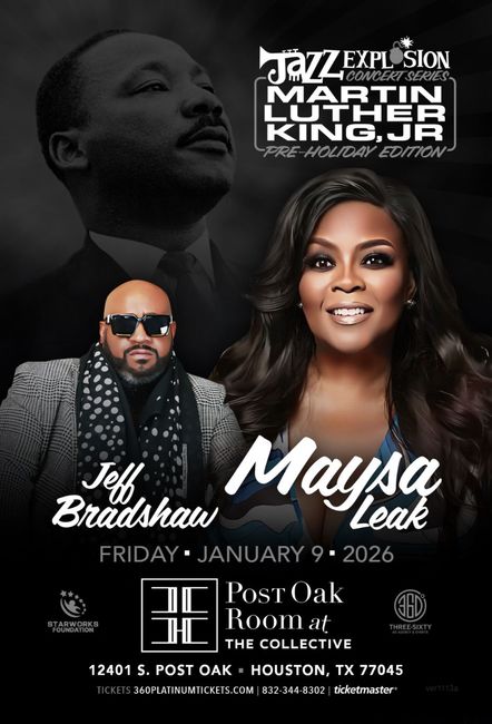 Jazz concert poster featuring Maysa Leak and Jeff Bradshaw at Post Oak Room in Houston, January 9, 2026.